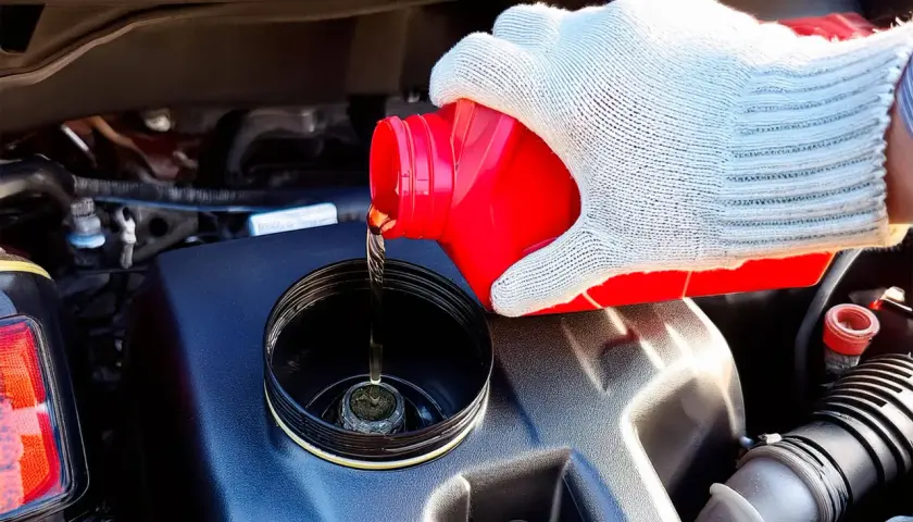 Maintenant, vous savez où se trouve le liquide de frein de votre Mini Cooper. Une main gantée verse le liquide d'un bidon rouge dans le réservoir.