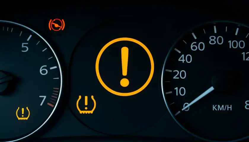 Tableau de bord d'une voiture avec voyant moteur point d'exclamation allumé, ainsi que des voyants de pression des pneus et de frein à main.