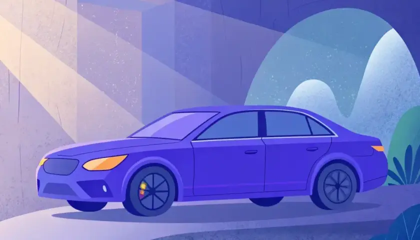 Une voiture violette, une voiture qui ne démarre pas, est garée sous des rayons de lumière dans un décor stylisé.