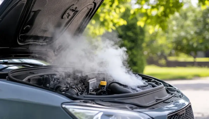 La voiture qui chauffe en roulant émet une épaisse fumée blanche du capot ouvert. Le moteur est visible sous la vapeur.