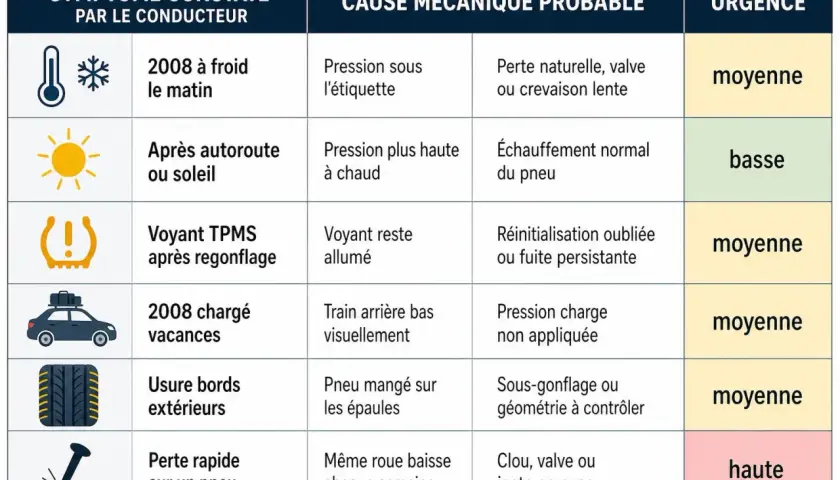 Tableau des symptômes de pression pneu voiture : froid, chaud, voyant TPMS, charge, usure, perte rapide. Causes et urgence associées.