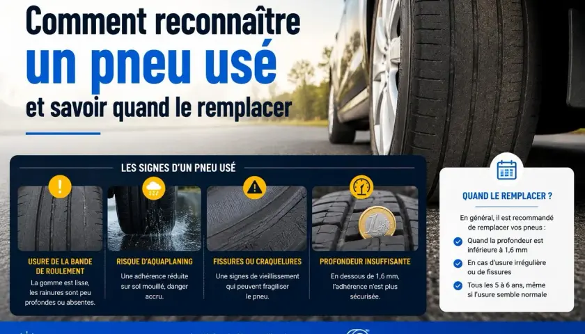 Un pneu usé sur le flanc, avec des fissures et une profondeur insuffisante, indique qu'il faut le changer pour garantir votre sécurité.