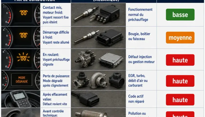 Tableau des symptômes de panne d'une voiture qui s'éteint en roulant diesel, avec causes et urgence.