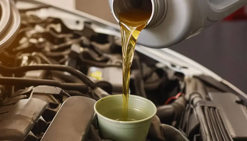 Huile neuve versée dans un entonnoir pour la vidange d'une Polo 6. Le moteur est visible en arrière-plan.