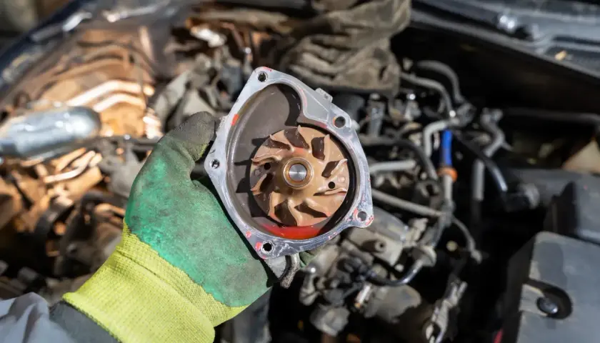 Main d'un mécanicien tenant une pompe à eau de voiture démontée, révélant la turbine rouillée.