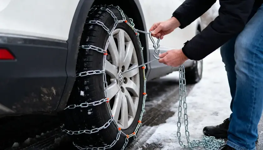 Comment mettre des chaînes neige : un homme attache une chaîne à un pneu de voiture sur une route enneigée.