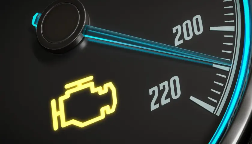 Voyant moteur jaune allumé sur le tableau de bord, signalant un problème. Le témoin clignote et s'éteint, indiquant une alerte.