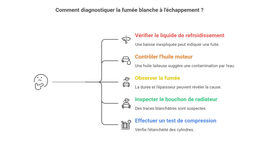 Diagnostic de la fumée blanche d'une voiture : vérifier le liquide de refroidissement, l'huile moteur, observer la fumée, inspecter le bouchon de radiateur et tester la compression.