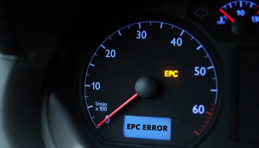 Tableau de bord d'une Volkswagen avec le voyant EPC allumé, indiquant une erreur.