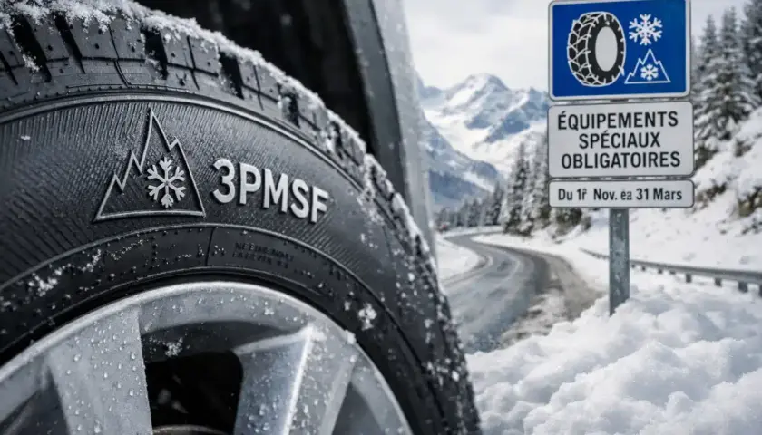 Pneu 3PMSF sur route enneigée. Panneau "Équipements spéciaux obligatoires" rappelant les départements pneus neige obligatoire.