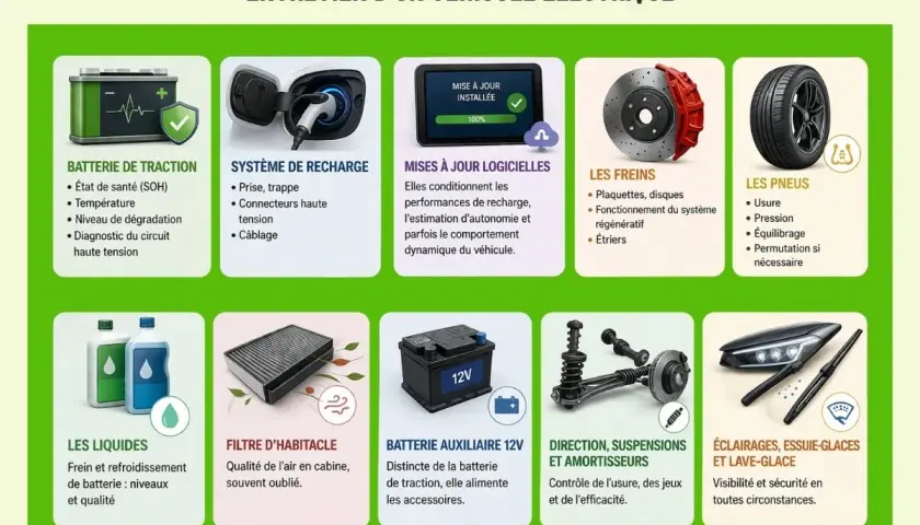Guide d'entretien d'une voiture électrique : batterie, recharge, freins, pneus, liquides, filtres, etc. pour une révision complète.