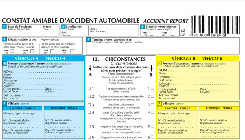 Formulaire de constat amiable d'accident automobile, avec des champs pour les détails de l'accident, des véhicules et des témoins.
