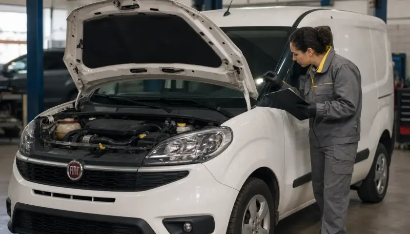 Mécanicienne vérifiant le moteur d'un Fiat Doblo blanc. Le capot est ouvert, révélant le compartiment moteur. Elle tient une tablette et un stylo.