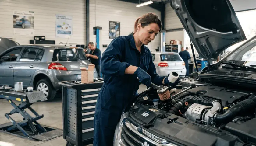Mécanicienne effectuant l'entretien d'une voiture diesel, remplaçant un filtre à huile.