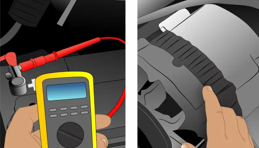 Diagnostic d'un alternateur qui fonctionne mais ne charge pas la batterie. Un multimètre est utilisé pour tester la tension de la batterie.