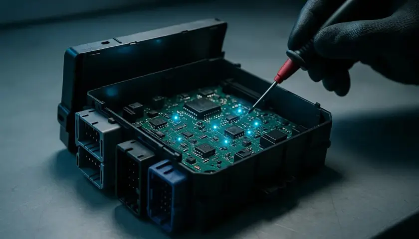 Réparation d'un boîtier électronique de bsi voiture. Une main gantée utilise un outil pour tester la carte mère illuminée.