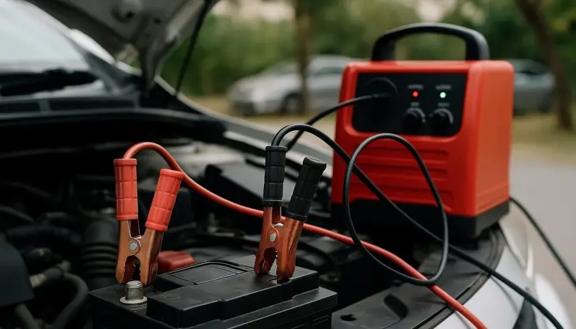 Chargeur de batterie rouge connecté à une batterie de voiture. Combien de temps rouler pour recharger une batterie ? Cela dépend de l'état de la batterie.