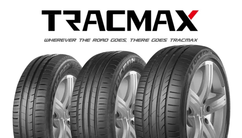 Trois pneus Tracmax sur fond blanc, avec le logo Tracmax en haut. Un avis sur ces pneus est disponible.