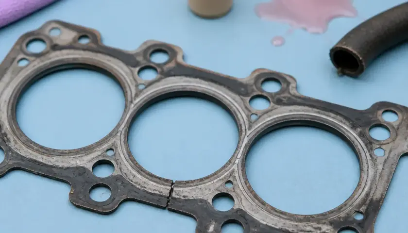 Un joint de culasse usé, prêt à être remplacé. Des traces de liquide de refroidissement rose et un tuyau sont visibles à proximité.