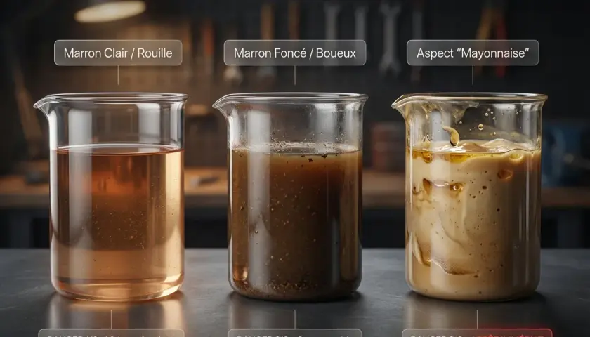 Trois béchers montrent l'évolution du liquide de refroidissement : clair/rouille, marron foncé/boueux, et aspect "mayonnaise". Un liquide de refroidissement marron foncé indique un danger.