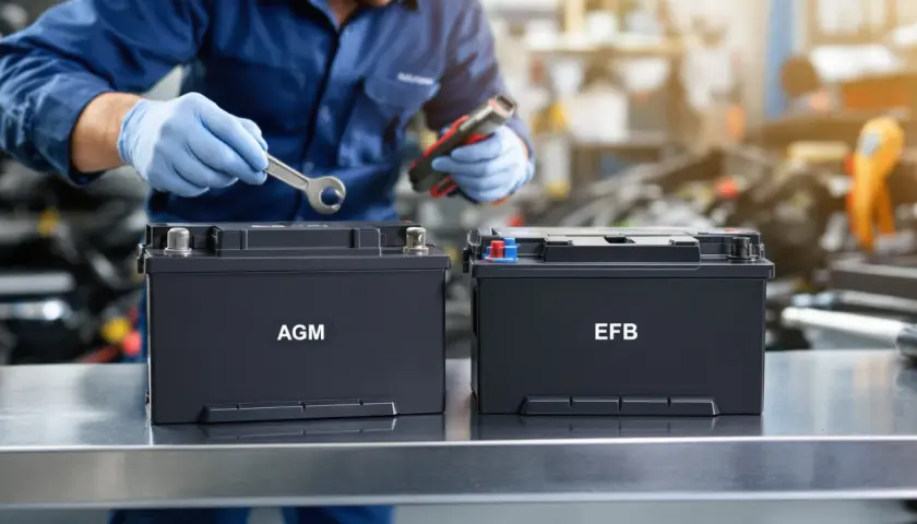 Mécanicien examinant deux batteries, une AGM et une EFB, pour un véhicule avec système start and stop.
