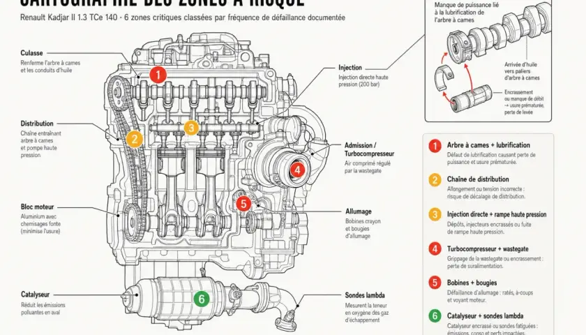 Schéma du moteur Renault Kadjar II 1.3 TCe 140, illustrant les 6 zones critiques pour l'entretien et les risques de défaillance.