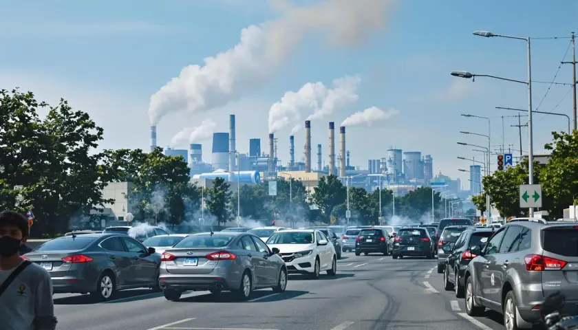 Trafic dense sous un ciel pollué par les cheminées d'une usine, un contrôle impossible des émissions à l'échappement.