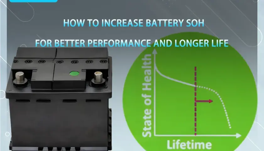 Une batterie automobile et un graphique montrant comment améliorer le SOH (State of Health) pour une meilleure performance et une durée de vie plus longue.