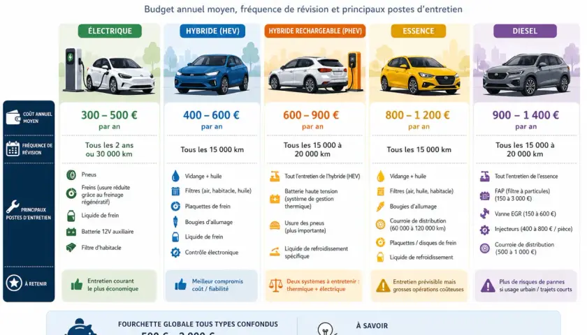 Coût d'entretien voiture : budget annuel, fréquence de révision et postes principaux pour chaque motorisation.
