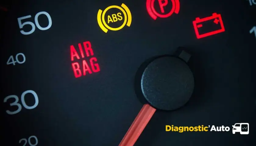 Tableau de bord d'une voiture avec le voyant "AIR BAG" allumé en rouge, signalant un problème. Le voyant ABS est jaune.