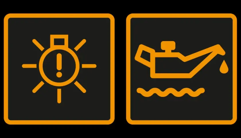Voyant orange voiture : témoin d'alerte et niveau d'huile bas.