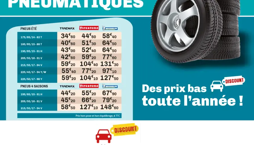 Tableau comparatif des prix pour le changement de 4 pneus été et 4 saisons. Découvrez les meilleurs prix pour vos pneus.