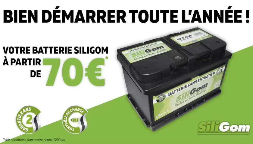 Batterie SiliGom sans entretien, idéale pour l'entretien de votre voiture. Profitez d'une garantie 2 ans et d'un contrôle de charge. Prix à partir de 70€.
