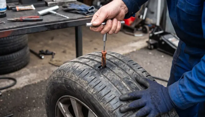 Un mécanicien utilise un outil pour insérer une mèche dans un pneu crevé, prêt à réparer la crevaison.