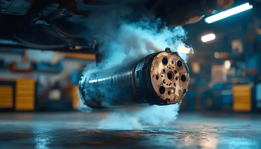 Fumée bleue s'échappant d'un catalyseur HS, symptôme d'un problème d'essence.