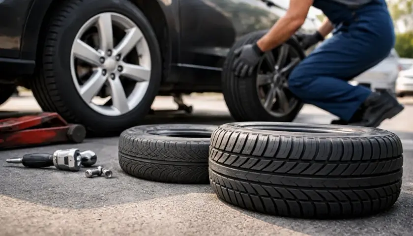 Un mécanicien change un pneu de voiture. Sur le sol, deux pneus usagés et des outils. La question "peut on changer un seul pneu" se pose.