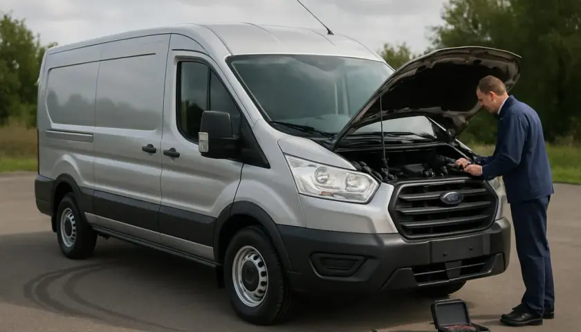Un mécanicien effectue l'entretien d'un Ford Transit 170cv, capot ouvert, avec une trousse à outils à proximité.