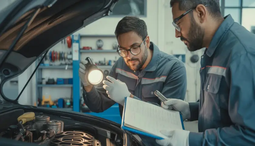 Mécaniciens examinant un moteur pour une voiture qui consomme de l'huile sans fuite visible. L'un éclaire avec une lampe torche, l'autre consulte un carnet.