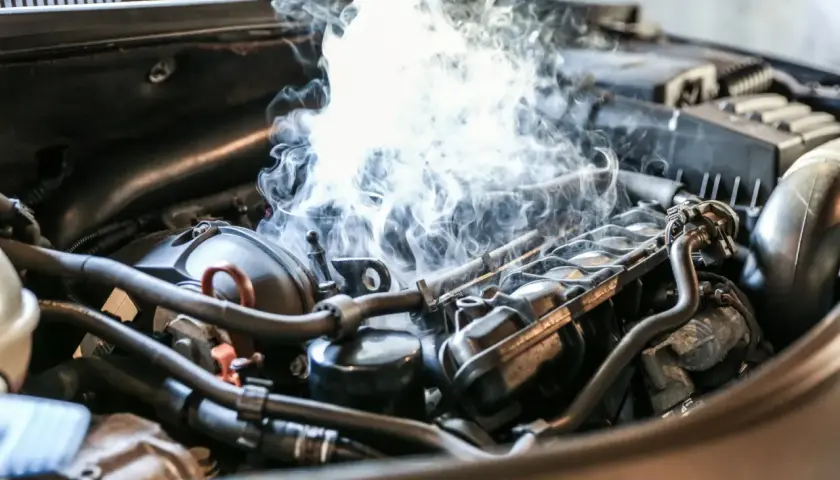 Fumée épaisse s'échappant du compartiment moteur d'une voiture essence, signe d'une cause surchauffe moteur essence.