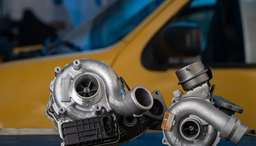Deux turbos, un échange standard ou neuf, prêts à redonner vie à un moteur. L'un est plus grand, l'autre plus compact, tous deux symboles de puissance retrouvée.
