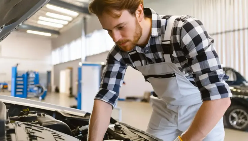 Mécanicien concentré sur le moteur d'une voiture, prêt à effectuer une vidange. Il se demande combien de litre d'huile pour une vidange.