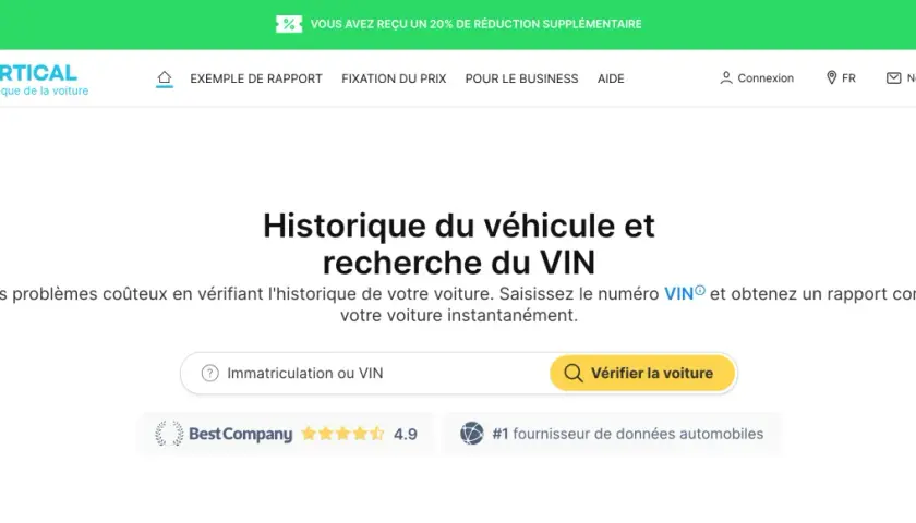 Vérifiez l'historique de votre voiture avec CarVertical. Entrez votre immatriculation ou VIN pour un rapport complet, comme avec Histovec.