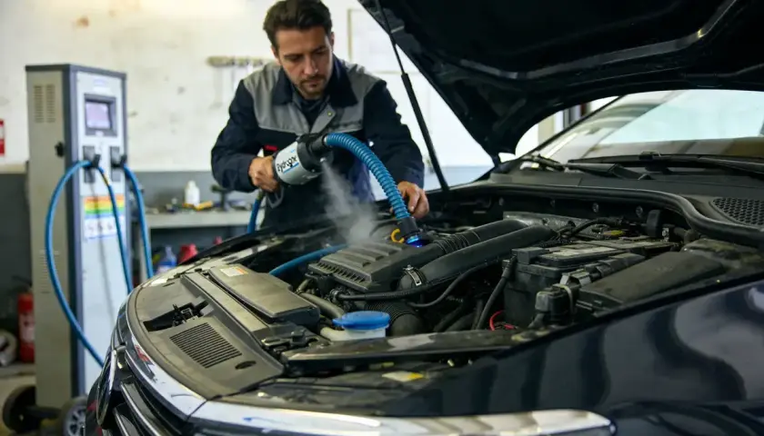 Mécanicien effectuant un nettoyage hydrogène sur un moteur diesel. La vapeur s'échappe de l'appareil.