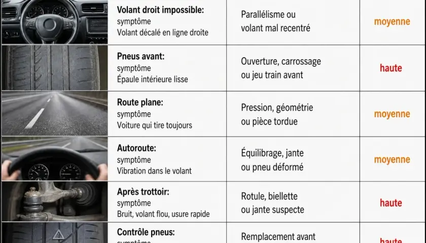 Tableau des symptômes de voiture : volant qui tire, usure des pneus, vibrations. Causes probables : parallélisme, géométrie, jantes. Urgence : moyenne à haute.