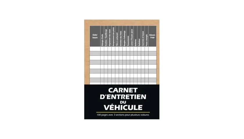 Carnet d'entretien du véhicule avec un tableau pour noter les dates, les kilomètres et les interventions (vidange, pneus, freins, etc.).