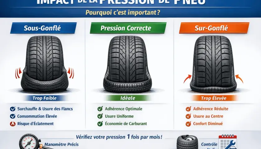 Comparaison de la **taille pneu** sous-gonflé, correcte et sur-gonflé. La pression idéale assure adhérence, usure uniforme et économie de carburant.