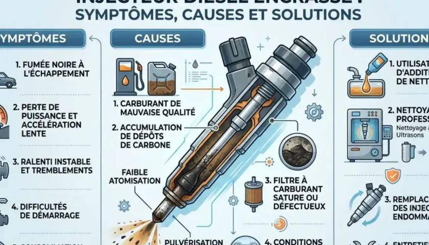 Schéma illustrant les symptômes d'un injecteur diesel encrassé : fumée noire, perte de puissance, ralenti instable, difficultés de démarrage, consommation excessive. Causes et solutions incluses.