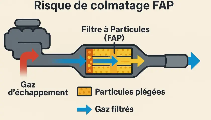 Schéma montrant le risque de colmatage du filtre à particules (FAP) : les gaz d'échappement entrent, les particules sont piégées, et les gaz filtrés sortent.
