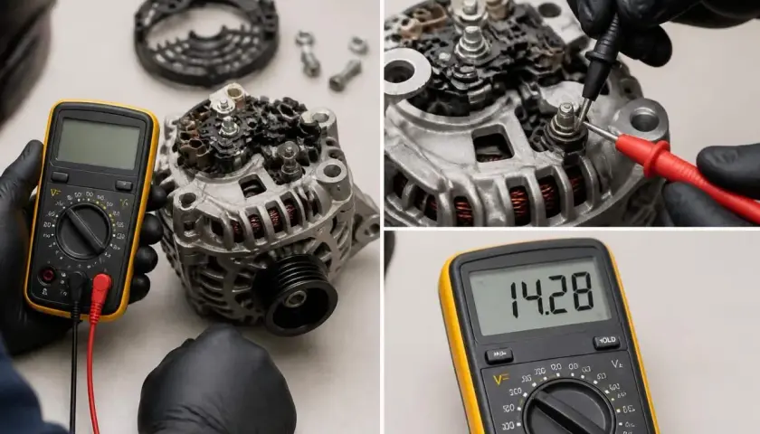 Tester un alternateur avec un multimètre. Le chiffre 14.28 indique qu'il fonctionne. Comment savoir si alternateur HS ? Vérifiez la tension.