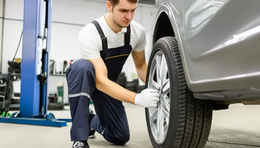 Mécanicien en salopette bleue ajustant la roue d'une voiture grise dans un garage.